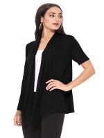 Women's Loose Fit Short Sleeve Draped Open Front Office Wear Solid Cardigan - Image 2